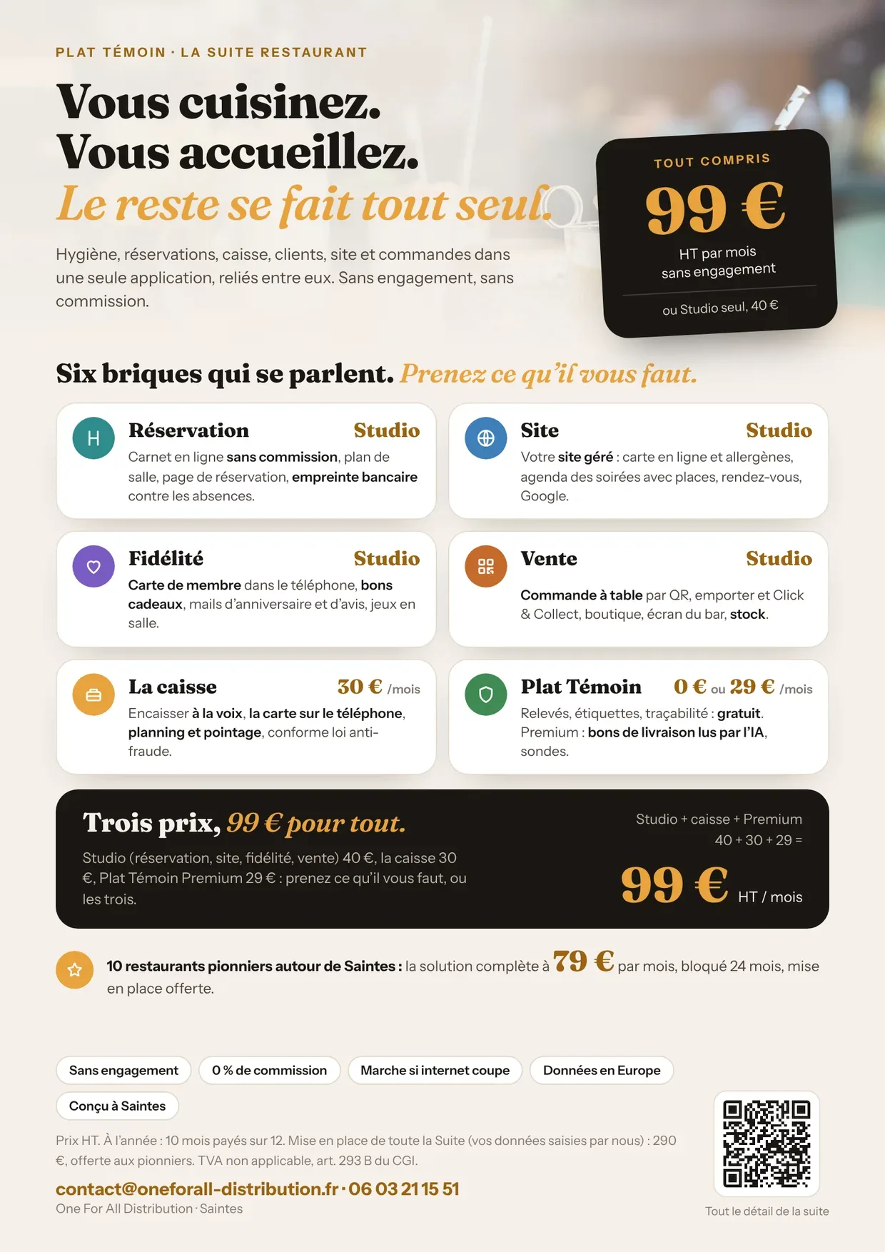 Plaquette Plat Témoin Suite : six briques reliées, tout compris à 99 € HT par mois, ou Studio seul à 40 €, sans engagement