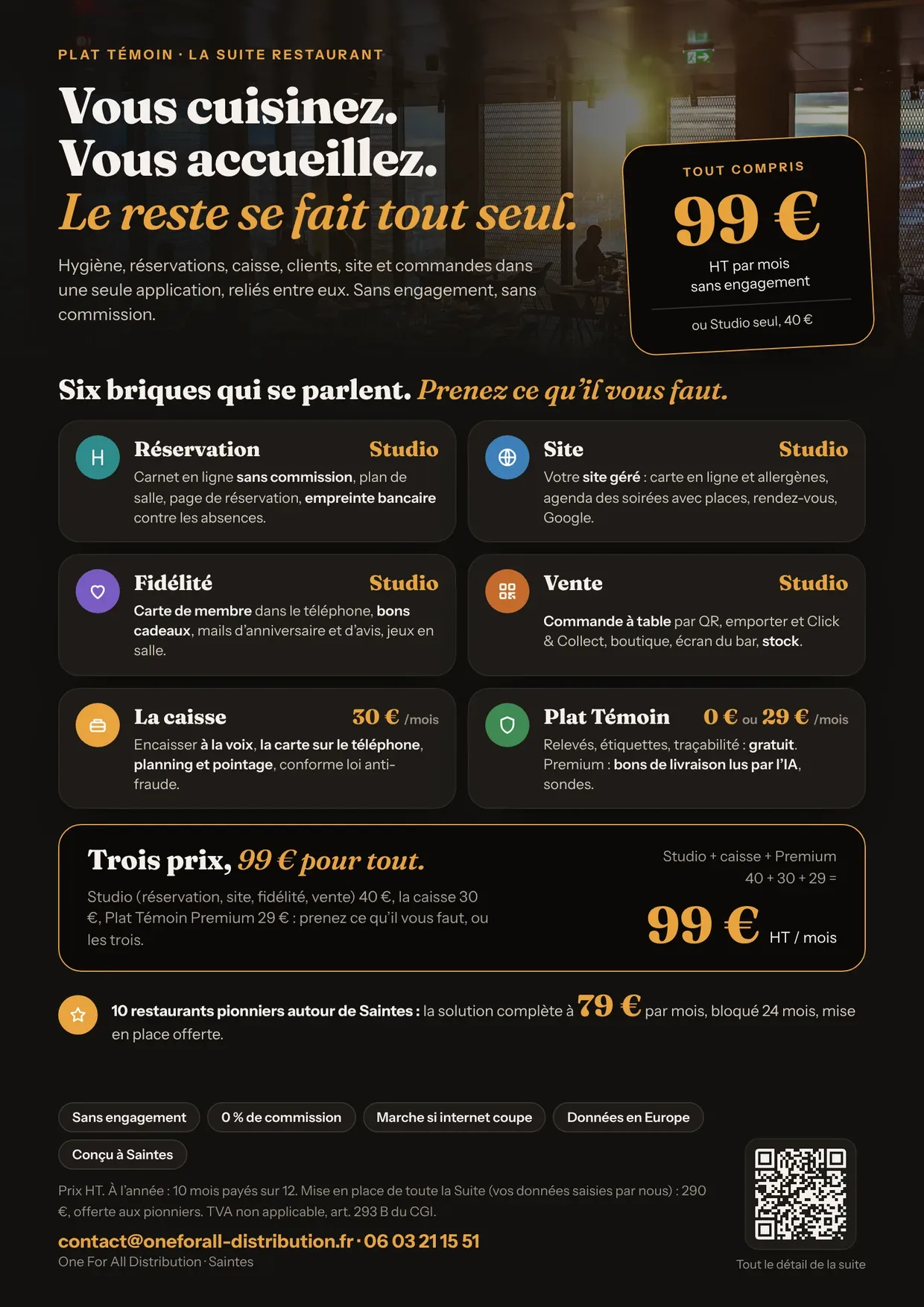 Plaquette Plat Témoin Suite : six briques reliées, tout compris à 99 € HT par mois, ou Studio seul à 40 €, sans engagement